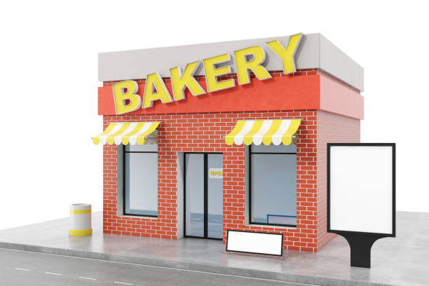 istock Bakery Store with copy space board isolated on white background. Modern shop buildings, store facades. Exterior market. Exterior facade store building, 3D rendering 870579396