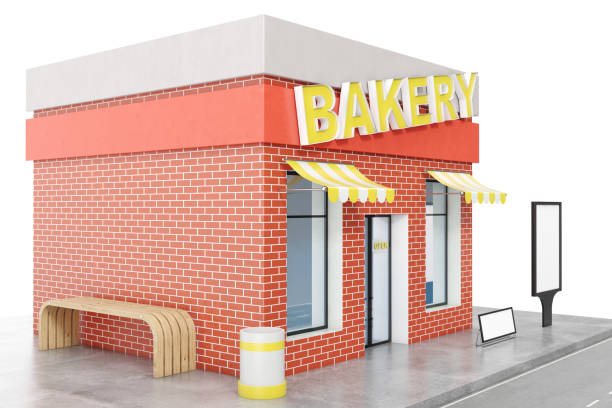 istock Bakery Store with copy space board isolated on white background. Modern shop buildings, store facades. Exterior market. Exterior facade store building, 3D rendering 870579398
