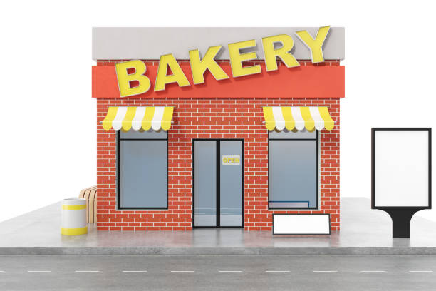 istock Bakery Store with copy space board isolated on white background. Modern shop buildings, store facades. Exterior market. Exterior facade store building, 3D rendering 870579402
