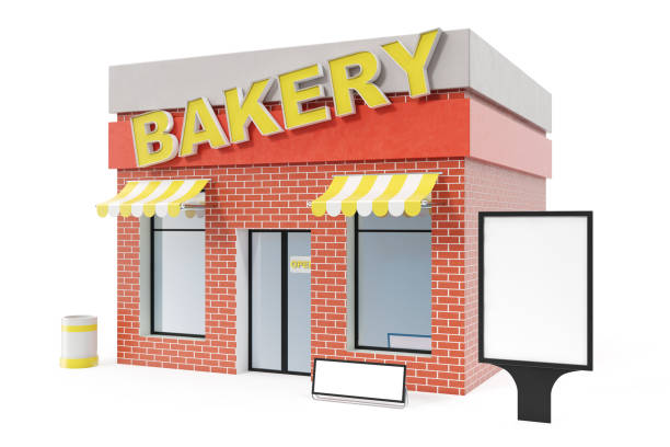 istock Bakery Store with copy space board isolated on white background. Modern shop buildings, store facades. Exterior market. Exterior facade store building, 3D rendering 870579408