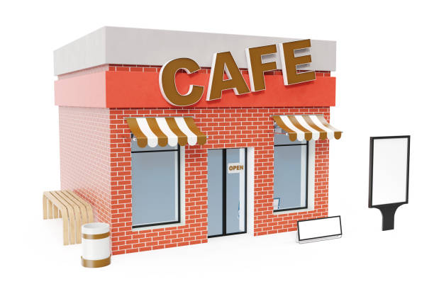 istock Cafe Store with copy space board isolated on white background. Modern shop buildings, store facades. Exterior market. Exterior facade store building, 3D rendering 870579420