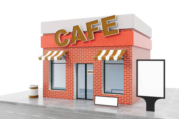 istock Cafe Store with copy space board isolated on white background. Modern shop buildings, store facades. Exterior market. Exterior facade store building, 3D rendering 870579428
