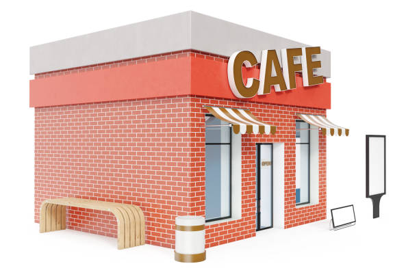 istock Cafe Store with copy space board isolated on white background. Modern shop buildings, store facades. Exterior market. Exterior facade store building, 3D rendering 870579430