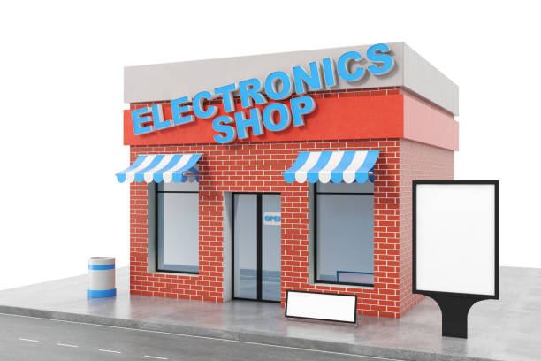 istock Electronics Store with copy space board isolated on white background. Modern shop buildings, store facades. Exterior market. Exterior facade store building, 3D rendering 870579452