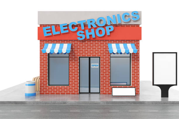 istock Electronics Store with copy space board isolated on white background. Modern shop buildings, store facades. Exterior market. Exterior facade store building, 3D rendering 870579456