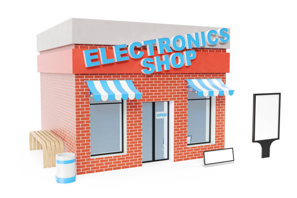 istock Electronics Store with copy space board isolated on white background. Modern shop buildings, store facades. Exterior market. Exterior facade store building, 3D rendering 870579460