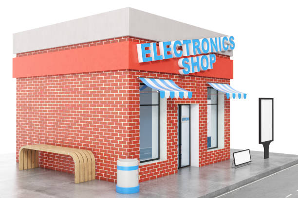istock Electronics Store with copy space board isolated on white background. Modern shop buildings, store facades. Exterior market. Exterior facade store building, 3D rendering 870579498