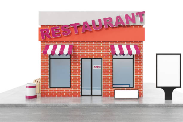 istock Restaurant Store with copy space board isolated on white background. Modern shop buildings, store facades. Exterior market. Exterior facade store building, 3D rendering 870579532