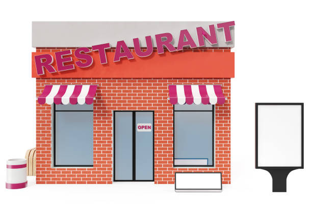 istock Restaurant Store with copy space board isolated on white background. Modern shop buildings, store facades. Exterior market. Exterior facade store building, 3D rendering 870579546