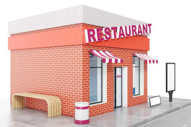 istock Restaurant Store with copy space board isolated on white background. Modern shop buildings, store facades. Exterior market. Exterior facade store building, 3D rendering 870579572