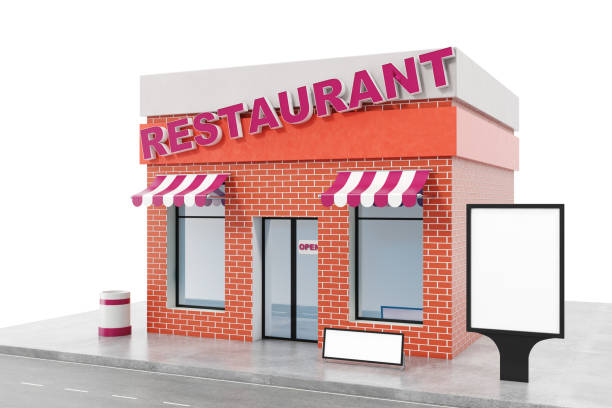 istock Restaurant Store with copy space board isolated on white background. Modern shop buildings, store facades. Exterior market. Exterior facade store building, 3D rendering 870579582