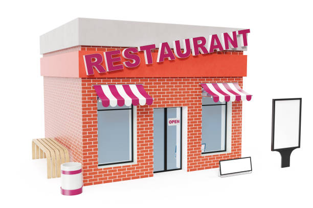 istock Restaurant Store with copy space board isolated on white background. Modern shop buildings, store facades. Exterior market. Exterior facade store building, 3D rendering 870579598