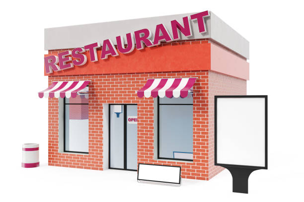 istock Restaurant Store with copy space board isolated on white background. Modern shop buildings, store facades. Exterior market. Exterior facade store building, 3D rendering 870579628