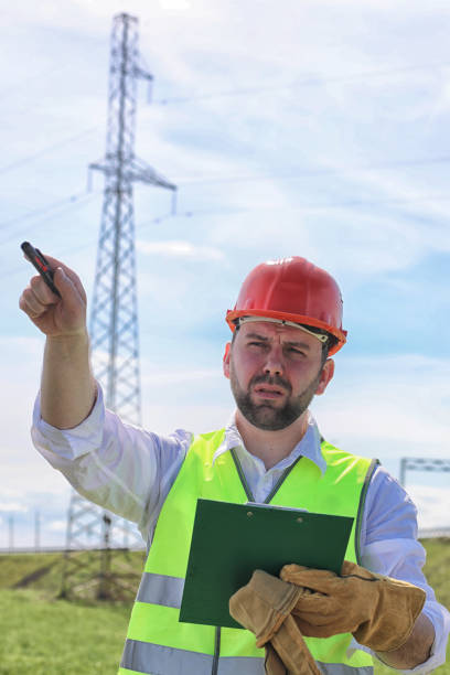 istock Electrician working in a helmet wearing gloves 870581862
