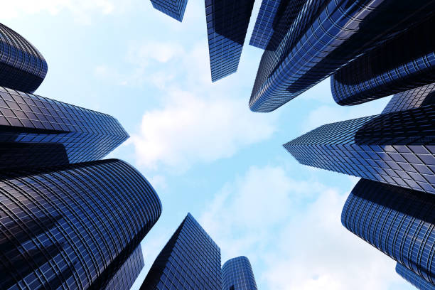 istock 3d rendering Low angle view of skyscrapers. Skyscrapers at sunset looking up perspective. Bottom view of modern skyscrapers in business district in evening light at sunset. Business concept of success industry tech architecture. 870582344