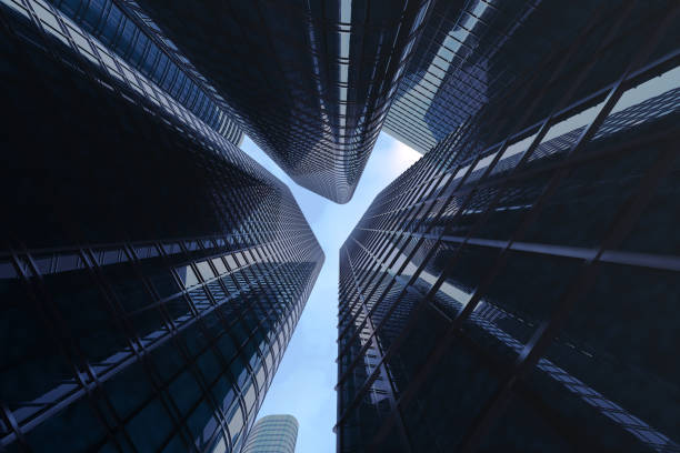 istock 3d rendering Low angle view of skyscrapers. Skyscrapers at sunset looking up perspective. Bottom view of modern skyscrapers in business district in evening light at sunset. Business concept of success industry tech architecture. 870582370