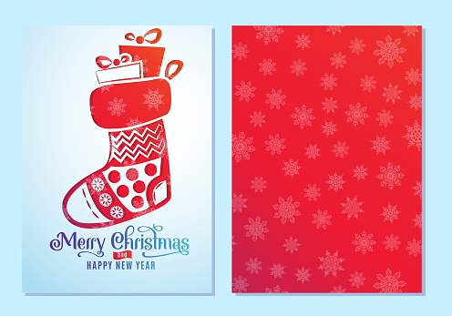 Design of Christmas and New Year greeting cards on both sides with a Christmas sock. Vector illustration