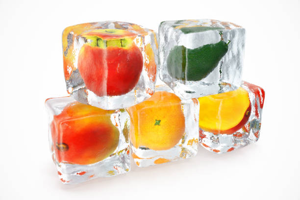 istock Fruits in ice cube isolated on white with depth of field effects. Ice cubes with fresh berries. Berries fruits frozen in ice cubes, 3D rendering 870585300