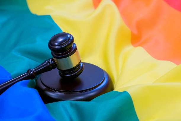 istock Hammer and gavel again against rainbow flag 870585476