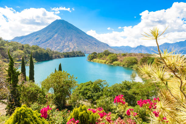 Beautiful bay of Lake Atitlan with view to Volcano San Pedro  in highlands of Guatemala, Central America Beautiful bay of Lake Atitlan with view to Volcano San Pedro  in highlands of Guatemala,  travel destination in Central America guatemala stock pictures, royalty-free photos & images