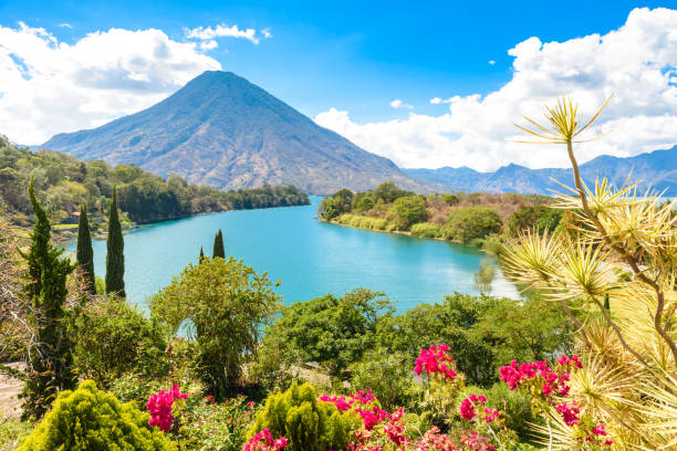 Beautiful bay of Lake Atitlan with view to Volcano San Pedro in highlands of Guatemala, Central America Beautiful bay of Lake Atitlan with view to Volcano San Pedro in highlands of Guatemala, travel destination in Central America guatemala landscape stock pictures, royalty-free photos & images
