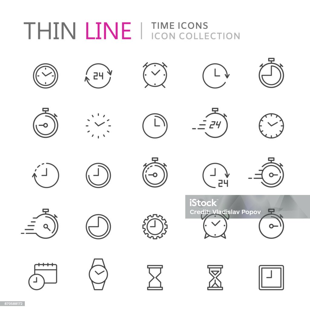 Coleção de ícones de linha fina de tempo e relógio. - Vetor de Ícone de Computador royalty-free