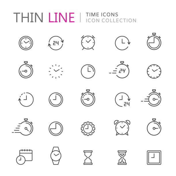 коллекция иконок тонкой линии времени и часов. - прибор времени stock illustrations