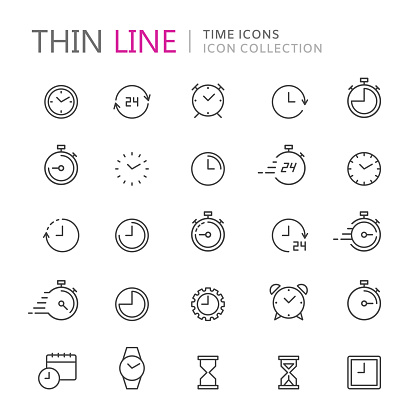 Collection of time and clock thin line icons. Vector eps10