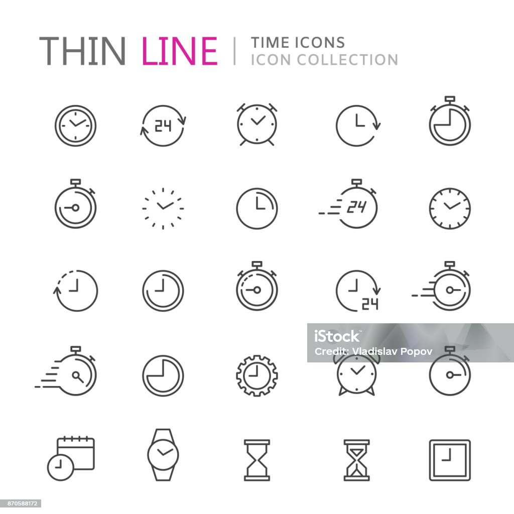 Collection of time and clock thin line icons. Collection of time and clock thin line icons. Vector eps10 Icon Symbol stock vector
