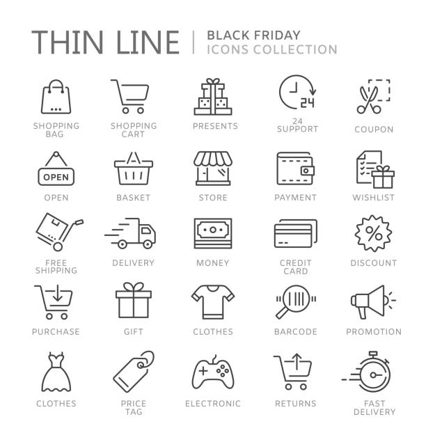 Collection of shopping thin line icons Collection of shopping thin line icons. Vector eps10 e commerce paying buying sale stock illustrations