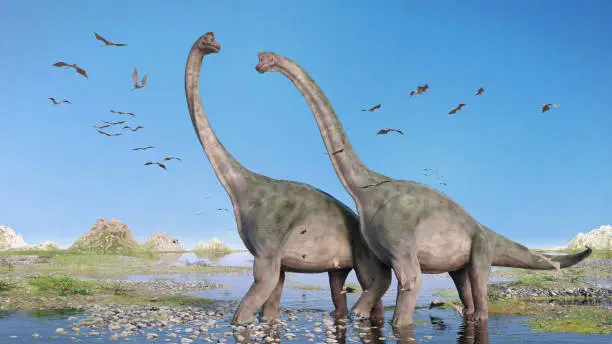 pair of giant sauropods walking through water and a swarm of flying pterosaurs