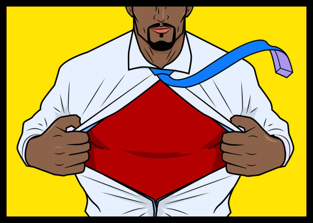 ilustraciones, imágenes clip art, dibujos animados e iconos de stock de vector superhéroe revelando traje transformación - change superhero necktie strength