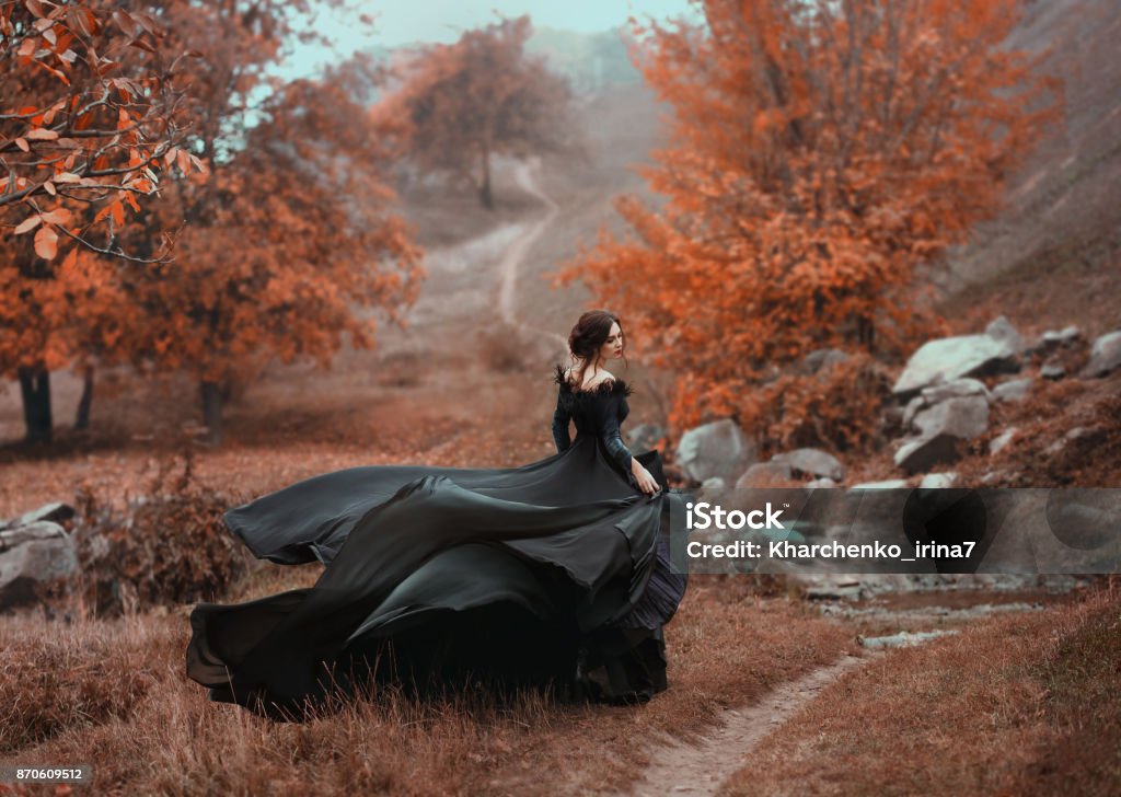 Incredible, amazing, seductive woman Incredible stunning girl in a black dress. The background is fantastic autumn. Artistic photography. Women Stock Photo