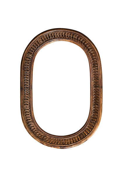 Wooden mirror frame border old oval brown on white background stock photo