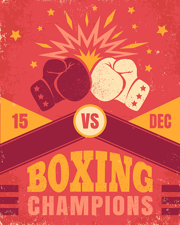 Vector vintage poster for a boxing with two gloves. Poster with emblem for boxing on old paper background.