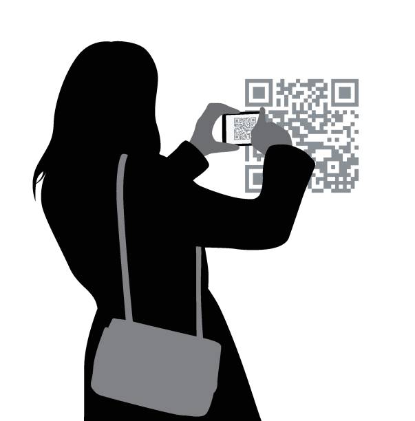 QR Code Snapshot Woman taking a picture of a quick response code with her cellphone qr code photos stock illustrations