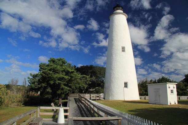 Historic Ocracoke Light Historic Ocracoke Light on Ocracoke Island, Cape Hatteras National Seashore, North Carolina ocracoke lighthouse stock pictures, royalty-free photos & images