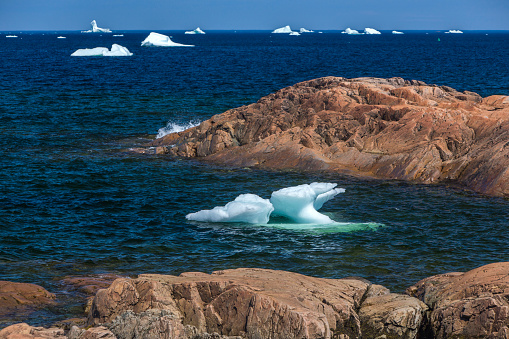 small icebergs near Fogo Island coastal rocks, Newfoundland