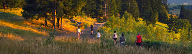 Family hiking in the mountains on summer vacation.