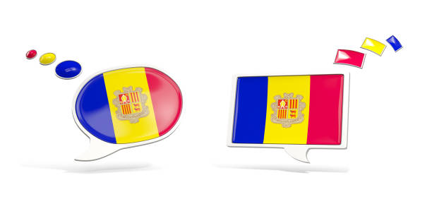 Two chat icons with flag of andorra. Round and square speech bubbles. 3D illustration
