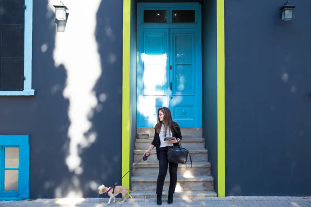 istock Young business woman walking with a dog 870665362