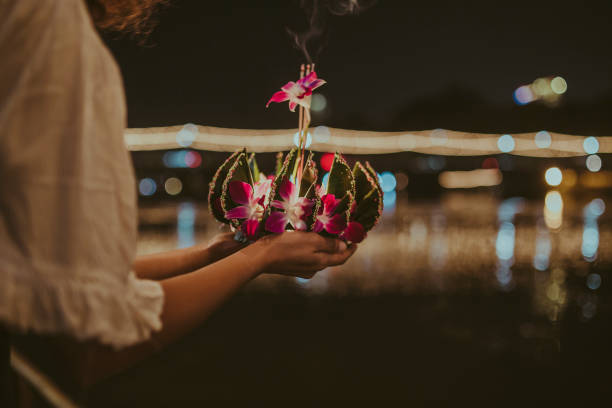 Loy Krathong Yee Peng festival themed photo November celebrations of lantern festival in Chiang Mai. loi krathong stock pictures, royalty-free photos & images
