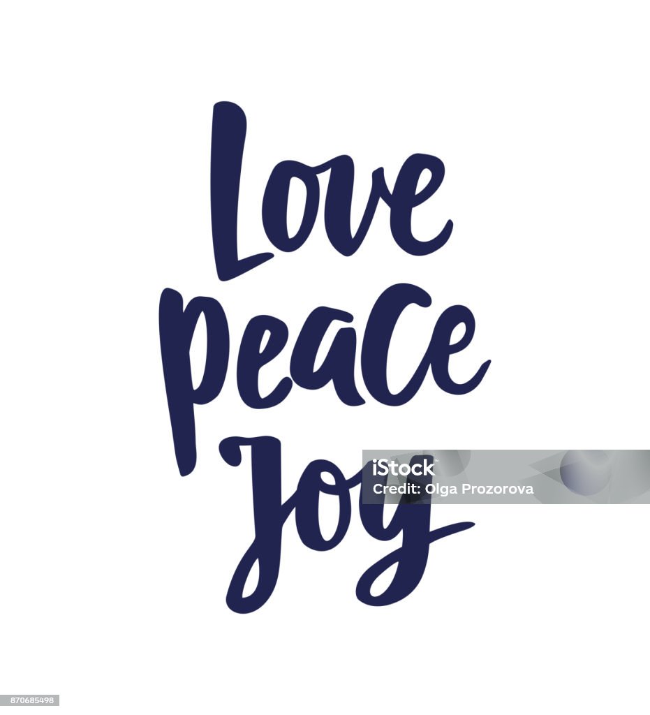 Love Peace Joy text, hand drawn brush lettering. Holiday greetings quote isolated on white. Great for Christmas gift tags and labels Love Peace Joy text, hand drawn brush lettering. Holiday greetings quote isolated on white. Great for Christmas and New year cards, gift tags and labels, photo overlays. Love - Emotion stock vector