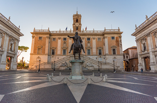 Rome, Italy - 27 October 2017 - The Piazza del Campidoglio square, headquarters of the mayor of Rome, at sunrise.