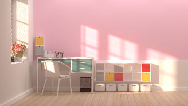 interior decoração colorida e sala da cadeira branca, renderização 3d de escritório com flores de luz solar pela janela de prateleiras e livros com a caneta na mesa em frente de design de interiores simples parede rosa quarto vazio - school supplies pencil colors apartment - fotografias e filmes do acervo