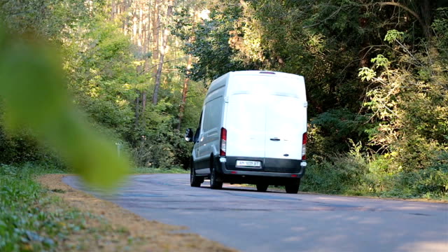 Minivan drives along the forest road.