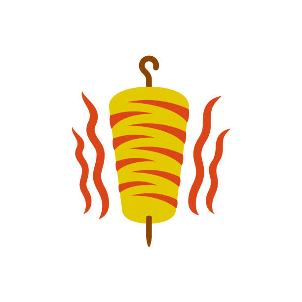 Kebab symbol. Doner kebab national turkish meat food meal. Meat sp Kebab symbol. Doner kebab national turkish meat food meal. Meat spit with hook pole and hot fire flames. oman cartoon stock illustrations