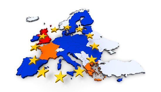 eu european union europe georaphically map european countries template graphic illustration silhouette 3d rendering isolated on white background with yellow stars and brexit gexit countries