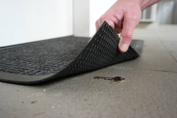 Man revealing a key under the doormat A man's hand is lifting up doormat to revealing a key hidden under key doormat stock pictures, royalty-free photos & images