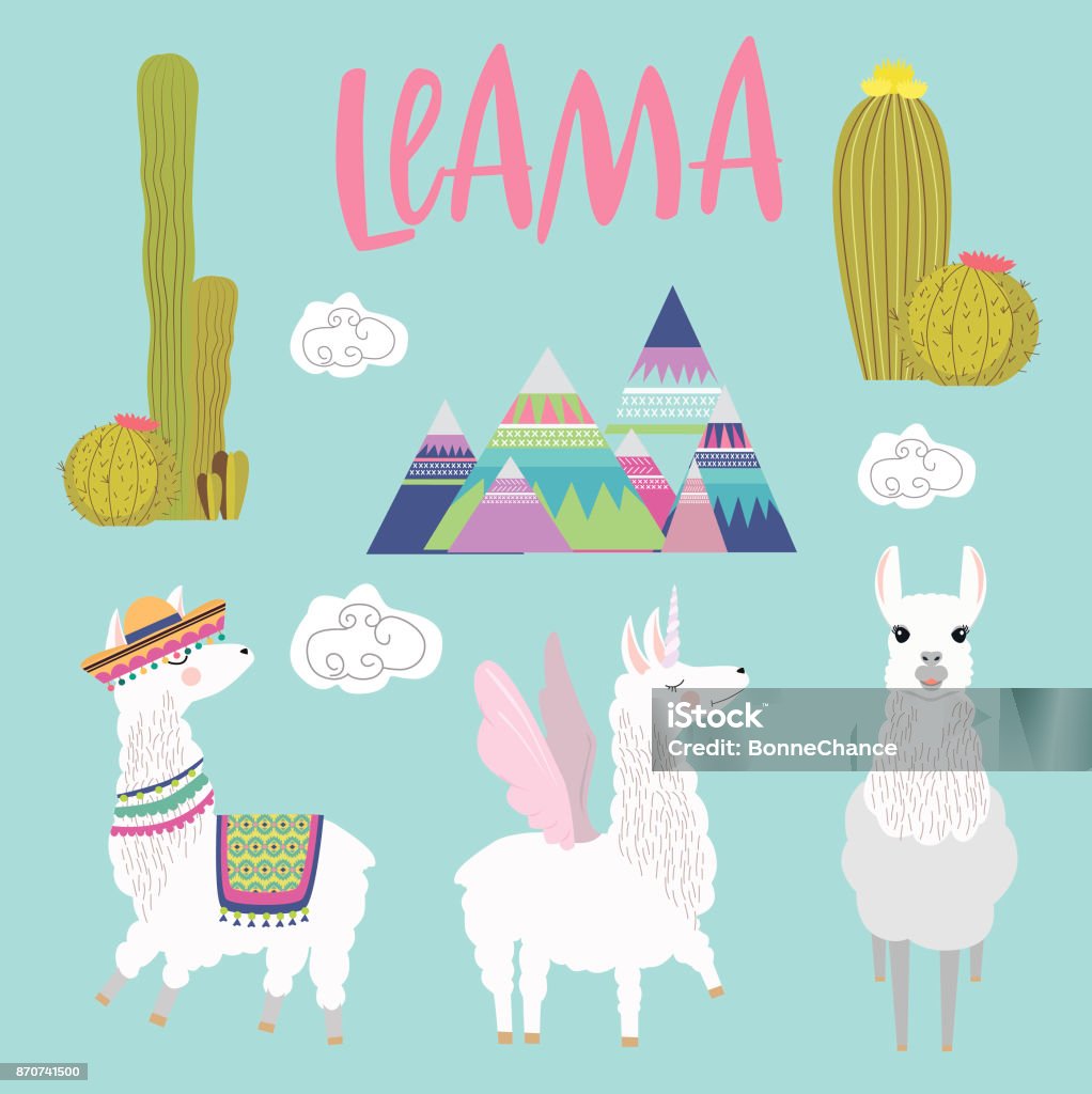 Conjunto de caracteres de Alpaca linda con cactus - arte vectorial de Abstracto libre de derechos